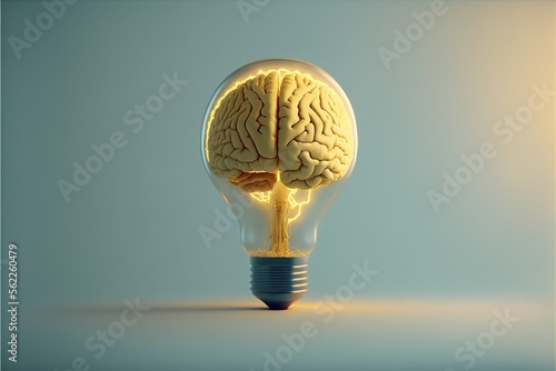 Creative brain light bulb, flash of inspiration, spark, smart, colorful and isolated on pastel background created with generative ai technology photo