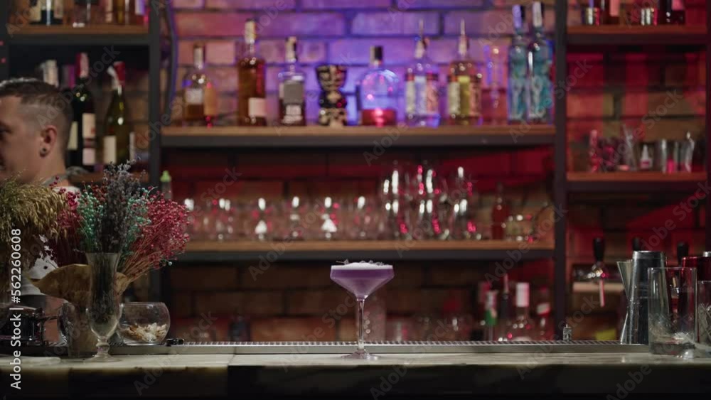The bartender puts a beautiful ready-made cocktail on the bar stick. Alcoholic drinks at a party in a restaurant. High quality 4k footage The bartender puts a beautiful ready-made cocktail on the bar stick. Alcoholic drinks at a party in a restaurant. High quality 4k footage