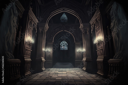 The interior of the castle hall is majestically dark and fantastical. Generative AI