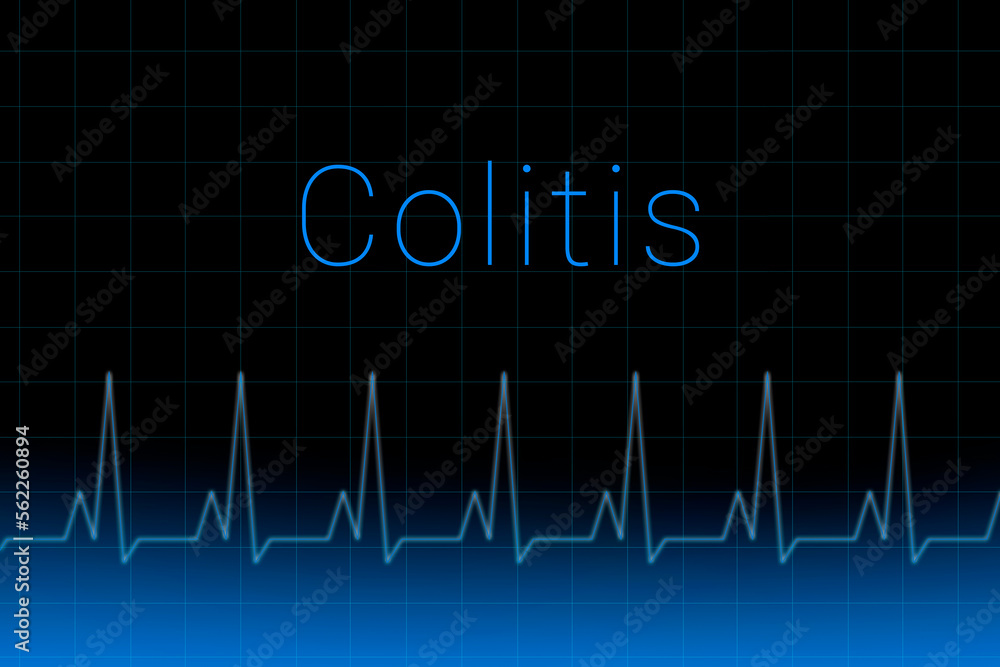 Colitis disease. Colitis logo on a dark background. Heartbeat line as a symbol of human disease. Concept Medication for disease Colitis.