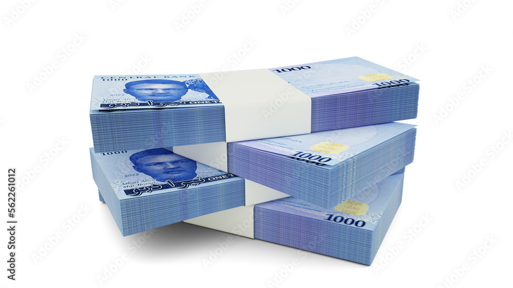 3d rendering of Stack of 1000 Nigeria Naira notes. Few bundles of naira currency isolated on white background - obrazy, fototapety, plakaty 