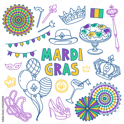 Mardi Gras doodle set. Carnival masks and party decorations. Hand drawn vector illustration isolated on white background. Outline stroke is not expanded, stroke weight is editable
