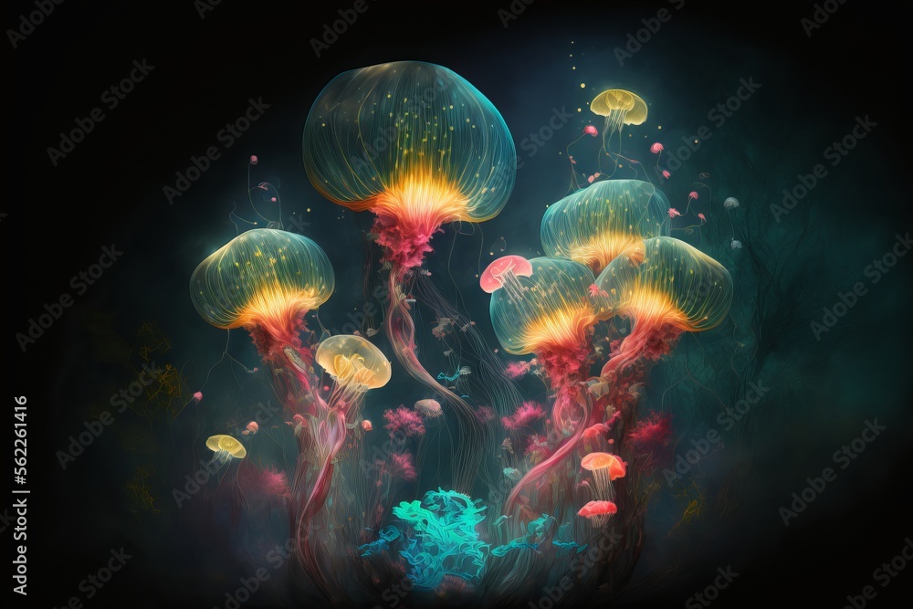 Fototapeta premium Glowing sea jellyfishes on dark background. Generative AI 
