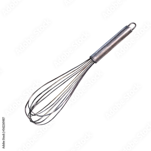 Watercolor whisk isolated on white background. Hand-drawn kitchen equipment for cooking dessert or meal. Handle blender or mixer. Kitchenware clipart for cookbook sticker or wallpaper. Tool for food