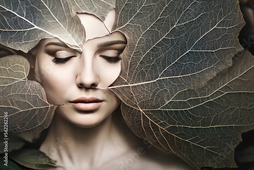 Portrait of a peaceful woman with a mask made of a giant leaf surounding her face, generative ai photo