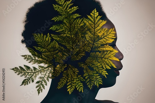 Silhouette of a black woman behind a giant green leave on a neutral background with copy space, generative ai