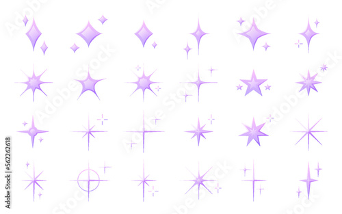 Star magic fairy light space cute purple flat set. Decoration handmade cozy constellation night glow glitter sparkle Christmas sticker web smiley background element abstract sky flash vector isolated