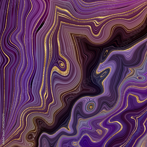 modern abstract background. Artificial purple agate texture with golden veins. Trendy marbling wallpaper