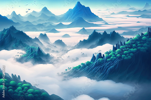 Aerial view Panorama of flowing fog waves on mountain tropical rainforest,Bird eye view image over the clouds Amazing nature background with clouds and mountain peaks in Thailand. Generative AI
