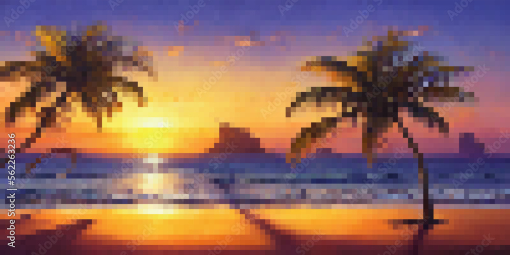 Beautiful pixel art vector landscape with sea and sunset, palm tree, sand and blue waves. Tropical paradise illustration for banner or poster.
