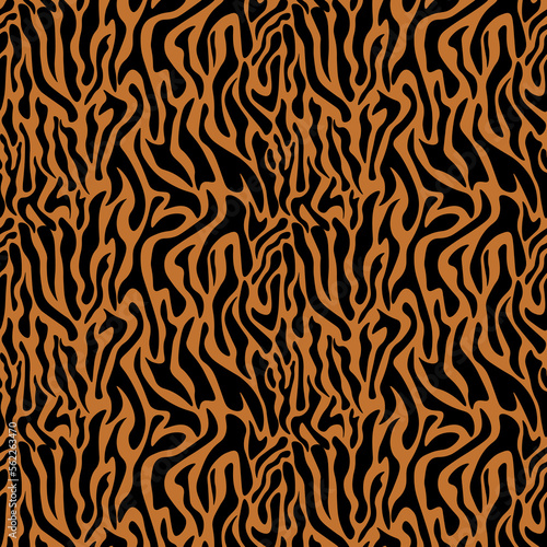 Tiger stripes fur texture. Animal tiger print seamless pattern. Abstract tiger camouflage print. Wild animal pattern background or texture. Seamless leather texture. Animal safari skin texture.