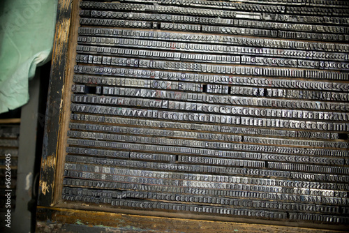 A vintage printing press in Lisbon, Portugal has tiny typeface. photo