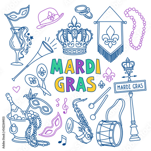 Mardi Gras doodle set. Carnival masks and party decorations. Hand drawn vector illustration isolated on white background. Outline stroke is not expanded, stroke weight is editable