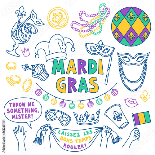 Mardi Gras doodle set. Carnival masks and party decorations. Outline stroke is not expanded, stroke weight is editable. "Laissez Les Bons Temps Rouler" translation: "Let the good times roll"
