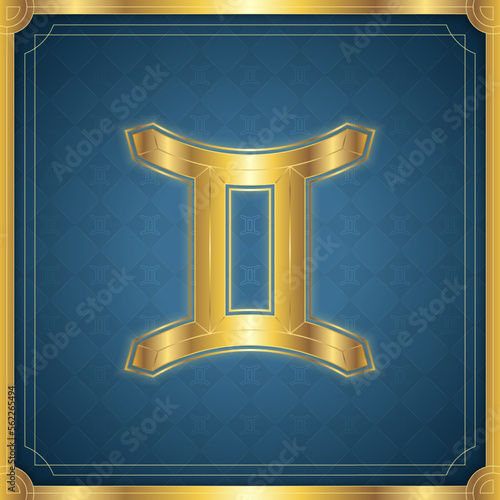 Gemini Zodiac Symbol, Classic Luxury Golden Elegant Contemporary Frame, Horoscope Astrology Fortune-Telling and Future Prediction, Air Element Badge Icon Vector Design Illustration.