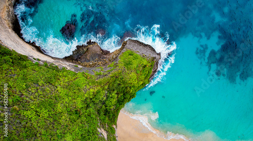 Drone Aerial Famous Kelingking Beach in Nusa Penida, Indonesia, Waves Crashing