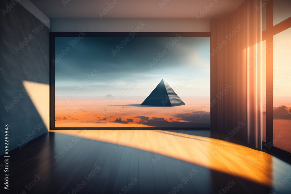 Generative AI: fantasy room with a large window with a pyramid landscape Generative AI: fantasy room with a large window with a pyramid landscape