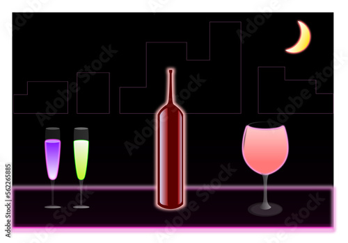 Set of cocktails of different mixes with a bottle of distillate in the center on a bartending counter with neon lights. Cocktails and mixology. Vectorial illustration