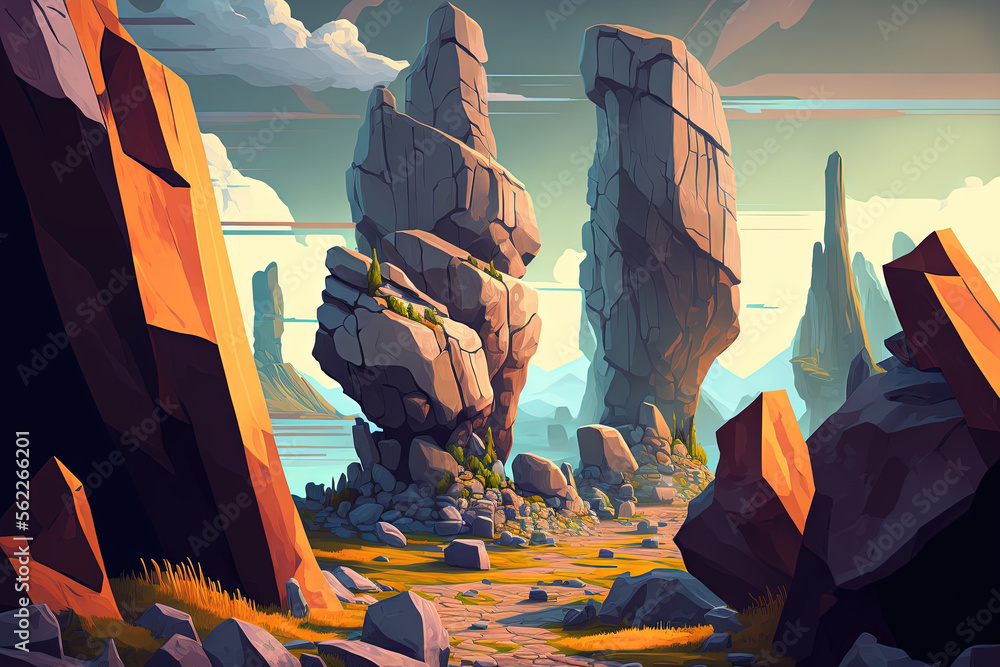An artistic depiction of a landscape in which various angular rocks can be seen in a very clouded environment. Generative AI