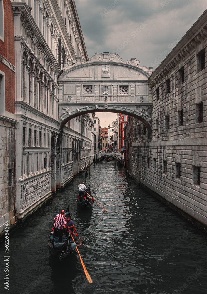 Gondolas passing the artistic bridge in Venice
