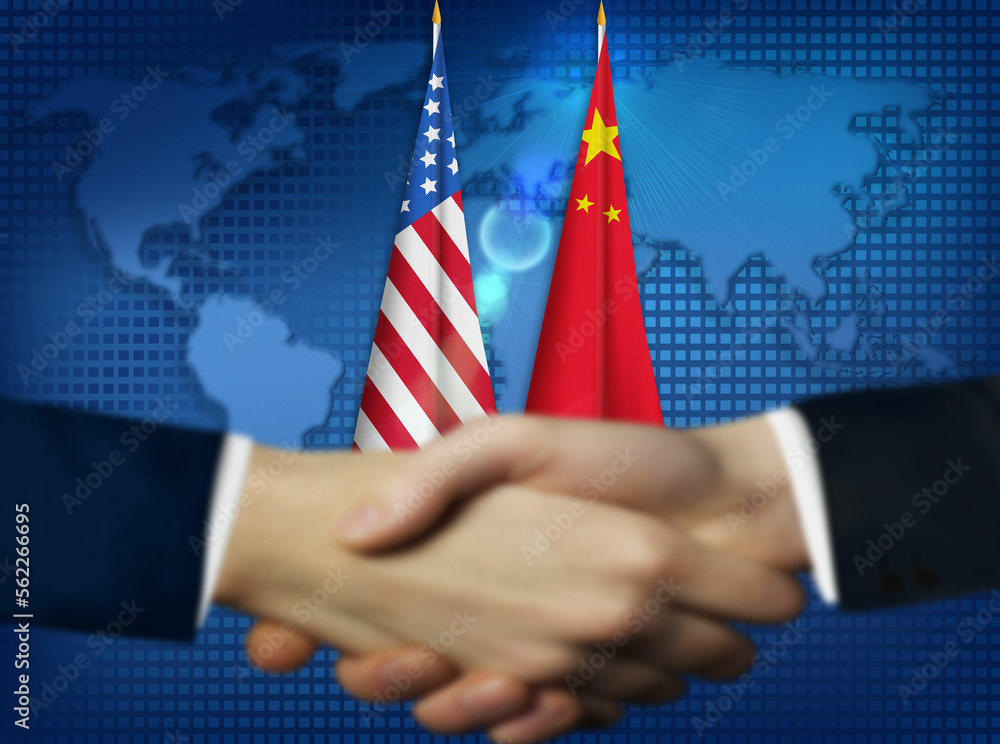 Two Person Shaking Hands In Front American Chinese Flags China Us Two Person Shaking Hands In Front American Chinese Flags China Us