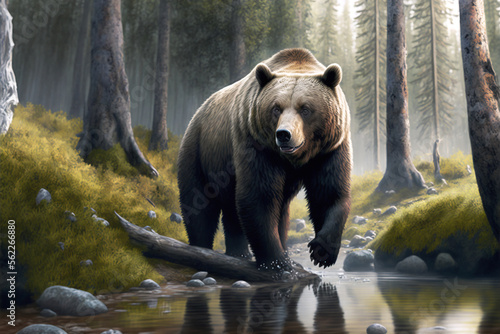 A big brown grizzly bear walks through the forest looking for prey to catch. Illustration by AI generative photo