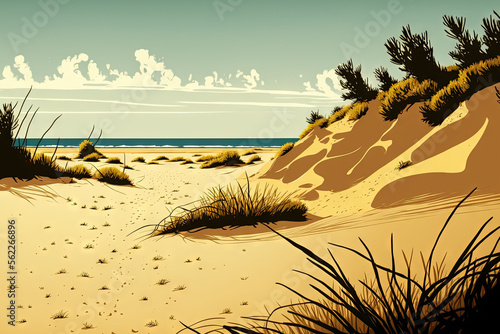 Panorama of a beach and sand dunes. Generative AI photo