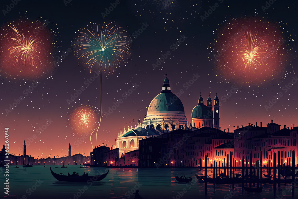 Fireworks display with a magical boom in the night sky; Venice, Italy's Redentore Festival. Generative AI