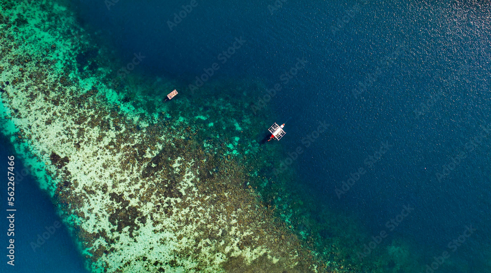 Catamaran Sailing Near Shallow Coral Reef In The Ocean In Palawan, Philippines