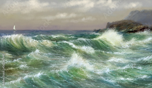 Fototapeta Naklejka Na Ścianę i Meble -  Stormy sea waves, waves on the beach