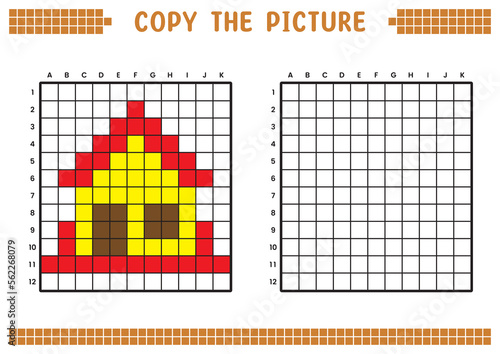 Copy the picture, complete the grid image. Educational worksheets drawing with squares, coloring cell areas. Children's preschool activities. Cartoon vector, pixel art. House illustration.