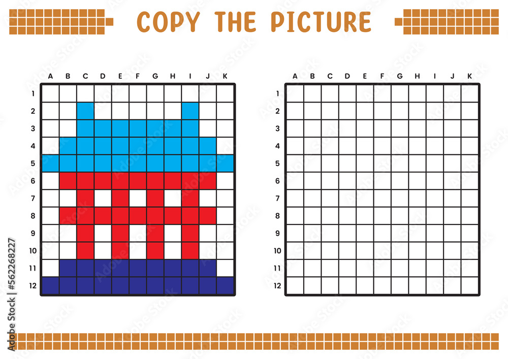 Fototapeta premium Copy the picture, complete the grid image. Educational worksheets drawing with squares, coloring cell areas. Children's preschool activities. Cartoon vector, pixel art. Temple gate illustration.