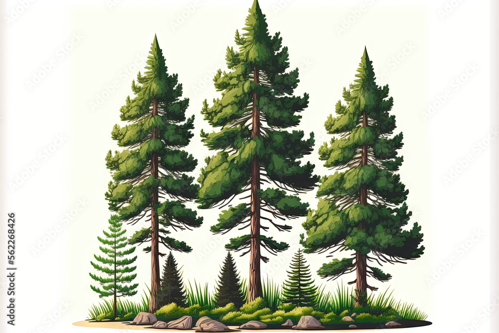 Pine trees on a white background. Generative AI