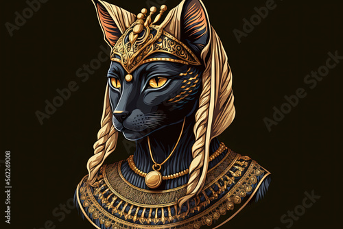 Ancient Egyptian role of the goddess Bastet on a black backdrop with copy space. In the religion of ancient Egypt, Bastet was a deity. Generative AI photo