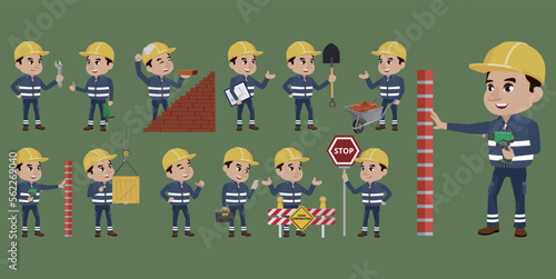 Set of worker with different poses