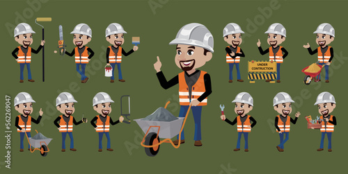 Set of worker with different poses