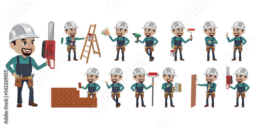 Set of worker with different poses