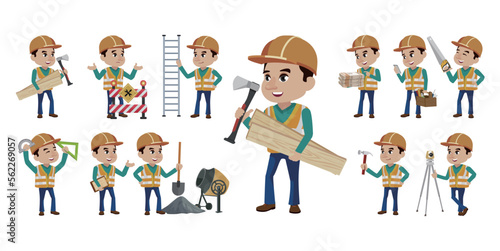 Set of worker with different poses