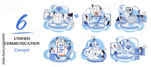 Unified communication metaphor. Characters use wireless telephony connection. Telecommunication system via cloud or network. Social media creative idea. Online social network. Business interaction app