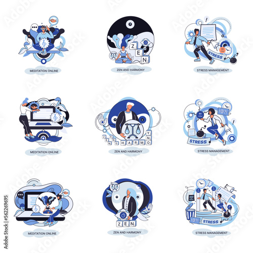 Meditation online. Self-management, self regulation learning, self-organization course, control over emotions metaphor Online yoga at home meditating. Deals with stress management, zen and harmony