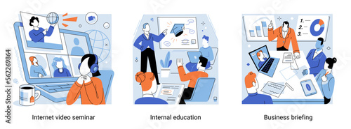 Internet video seminar, internal education, business briefing at meeting, corporate training classes metaphors set. Online courses, workshop, Professional learning, business coach, student group
