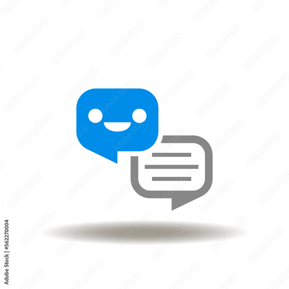 Vector illustration of speech bubbles dialogue with smile. Icon of feedback. Symbol of client satisfaction. Sign of quality.
