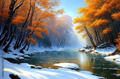 Digital painting of a winter landscape, Generative AI