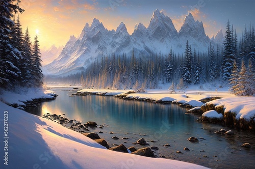 Digital painting of a winter landscape, Generative AI © Svetlana