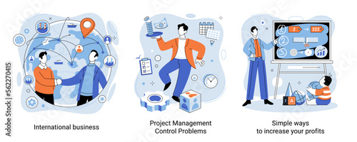 International business, project management, control problems, simple ways to increase your profits. Business process concept set. Teamwork, development of successful strategy and organization of team