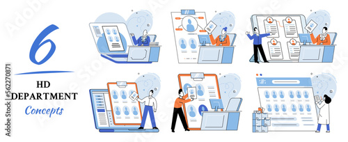 HR department work scenes set, qualified employee responsible for formation of human resources in organization. Specialist engaged in selection, adaptation, dismissal, development of personnel