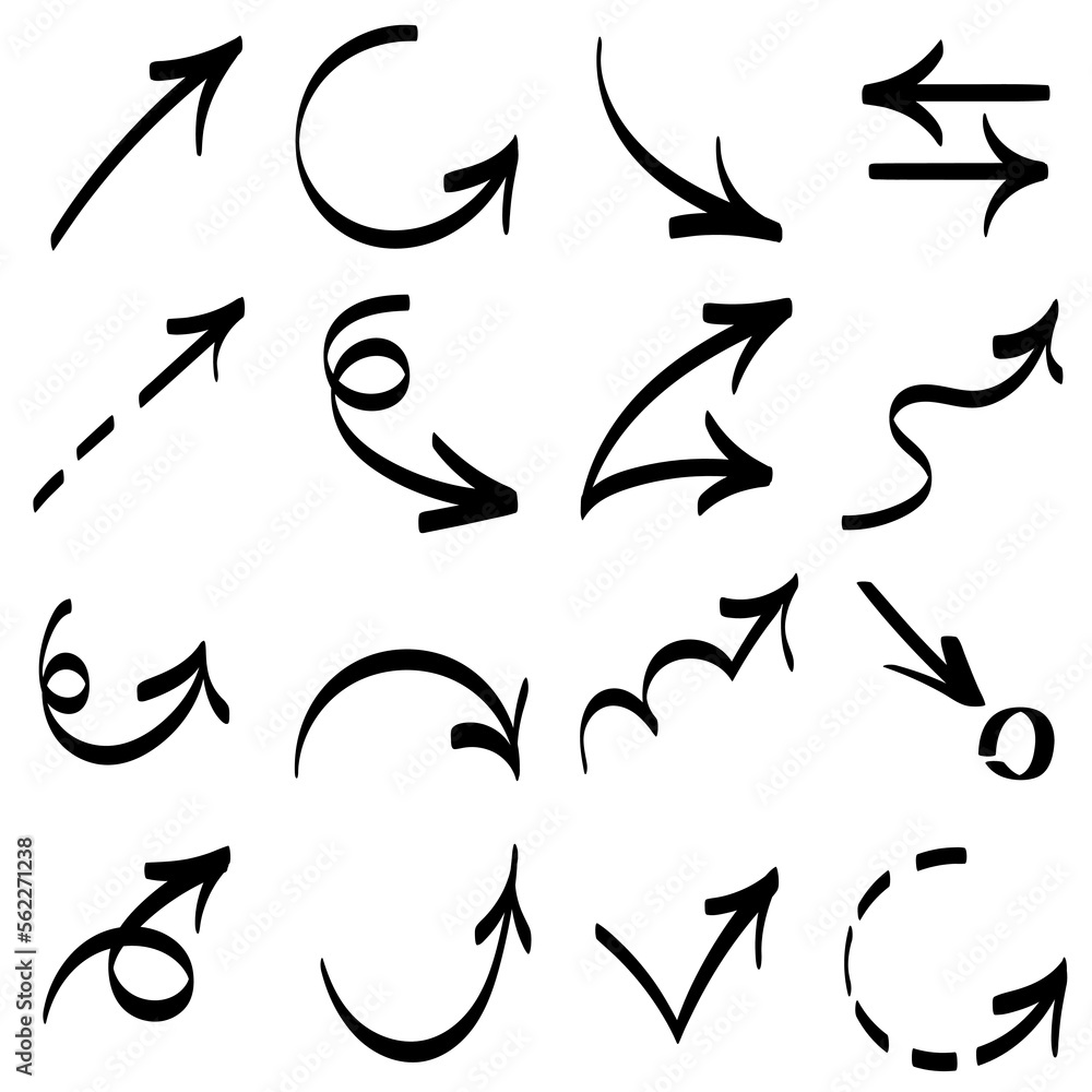Arrow icons set. Cartoon flat, direction signs. Hand drawing, sketch, isolated on white background. Business plan, education, template. Vector illustration. Arrow icons set. Cartoon flat, direction signs. Hand drawing, sketch, isolated on white background. Business plan, education, template. Vector illustration.
