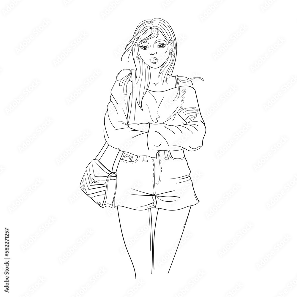 The girl stands in a pose with her arms crossed. The wind sways her hair. Long sleeve sweater, shorts, purse. Hand drawing, sketch, outline. Isolated on white background. Vector illustration.