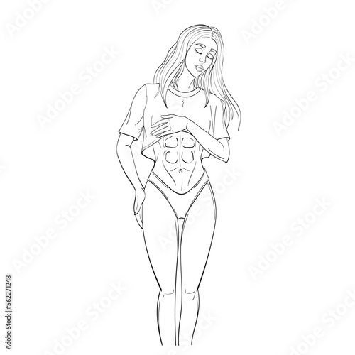 A young woman athlete demonstrated her muscular abdominal press. Full body figure, head tilt, eyes closed. Hand drawing, sketch, outline. Isolated on white background. Fitness, vector illustration.