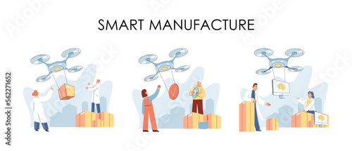 Smart logistics technology metaphor. Idea of modern transportation and distribution. People using copter delivery. Technical and science innovation. Automation and development of delivery process